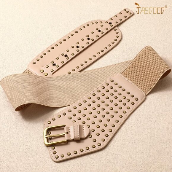 Women's Elastic Wide Belt Vintage Studded Stretchy Waist Belts Dress Pants Beige - Picture 2 of 5